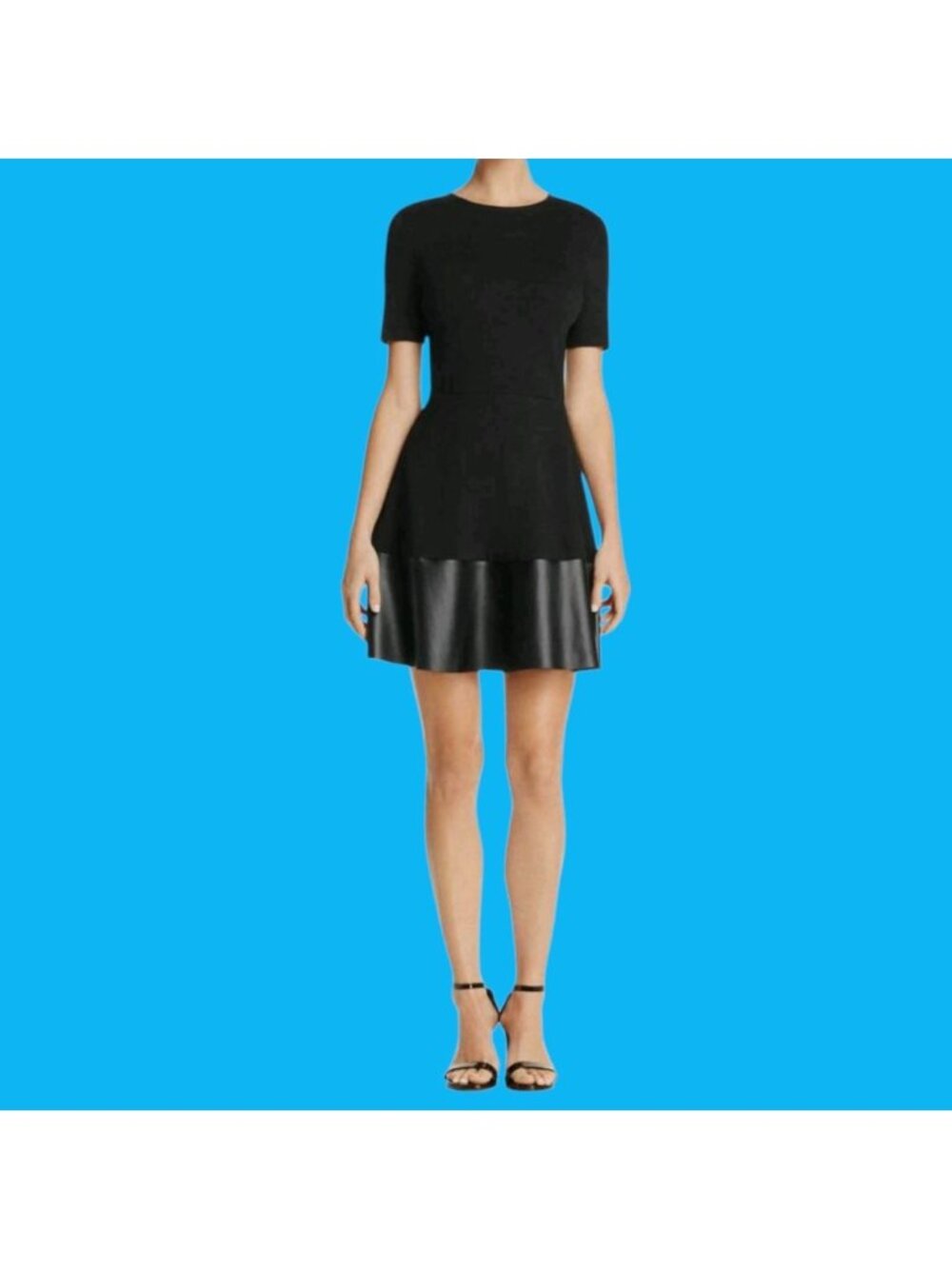 Aqua Black Short Sleeve Fit & Flare Dress With Faux Leather Hem XSmall